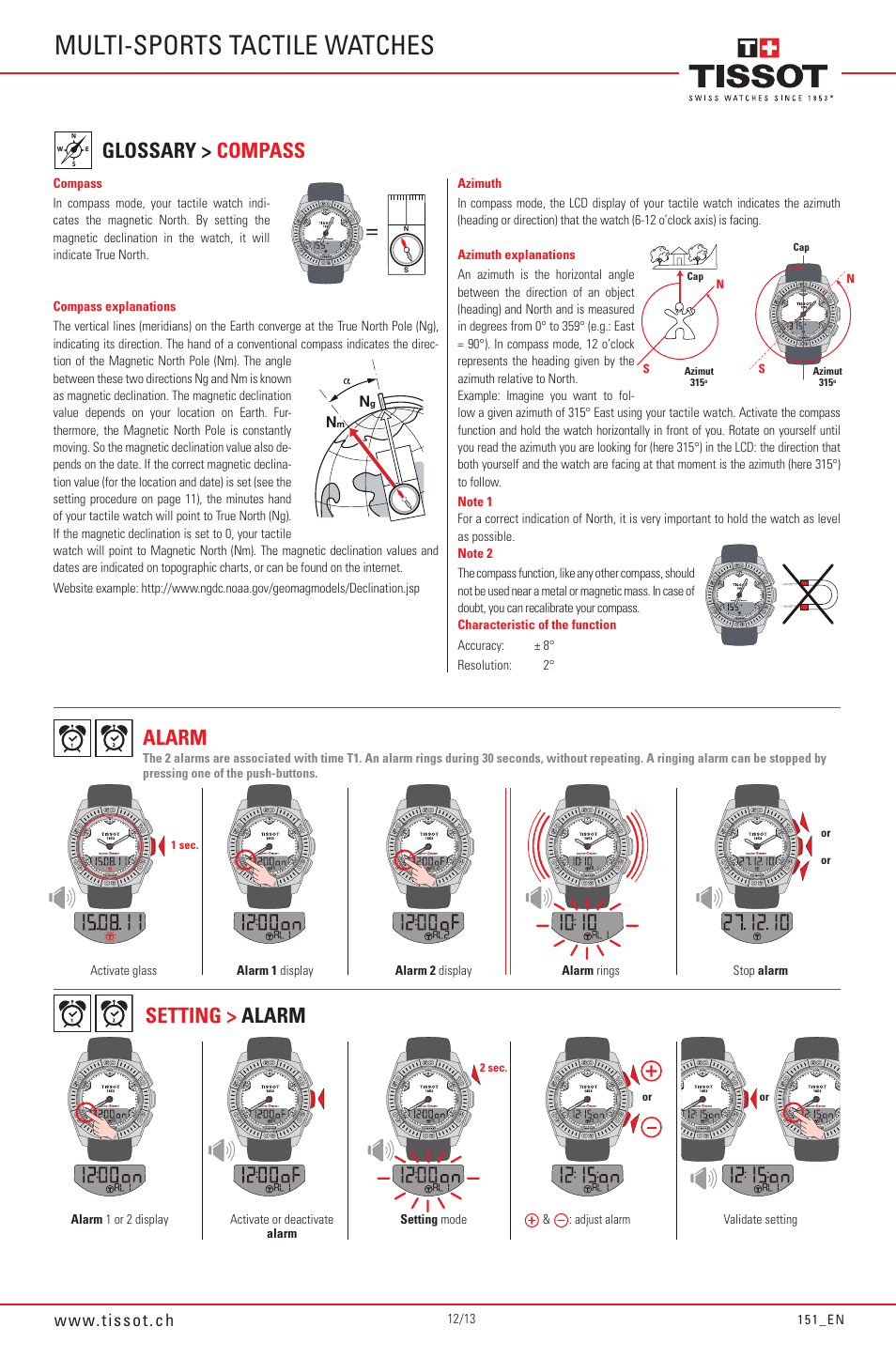 Multi-sports tactile watches, Alarm setting > alarm, Glossary > compass | Tissot Racing-Touch 151_EN User Manual | Page 12 / 13