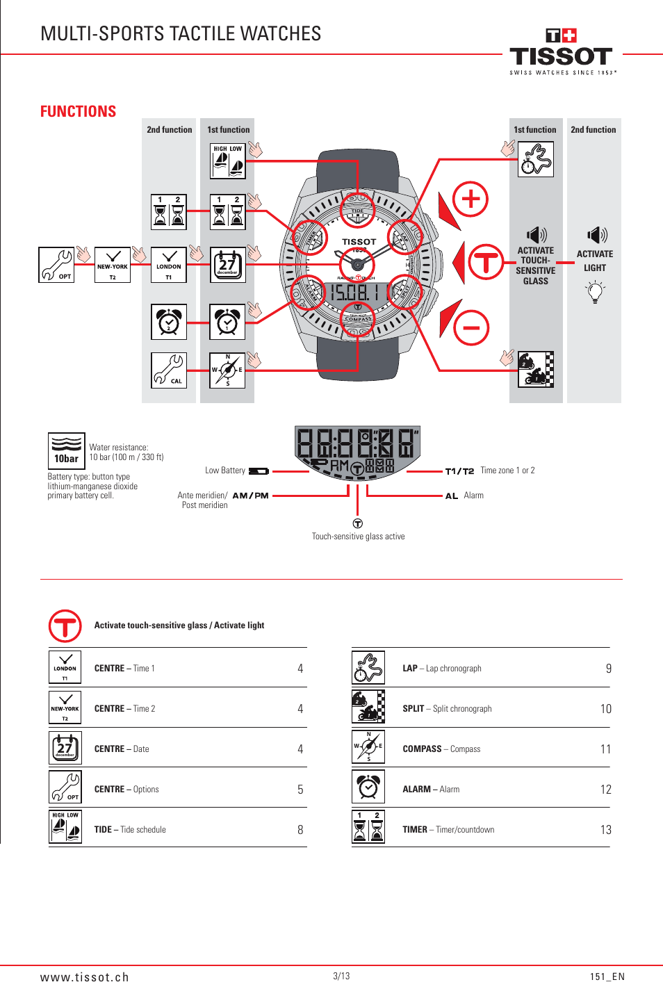 Multi-sports tactile watches, Functions | Tissot Racing-Touch 151_EN User Manual | Page 3 / 13