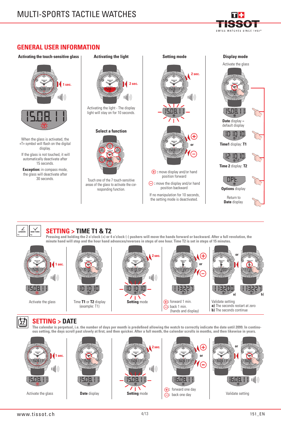 Multi-sports tactile watches, General user information, Setting > time t1 & t2 setting > date | Tissot Racing-Touch 151_EN User Manual | Page 4 / 13