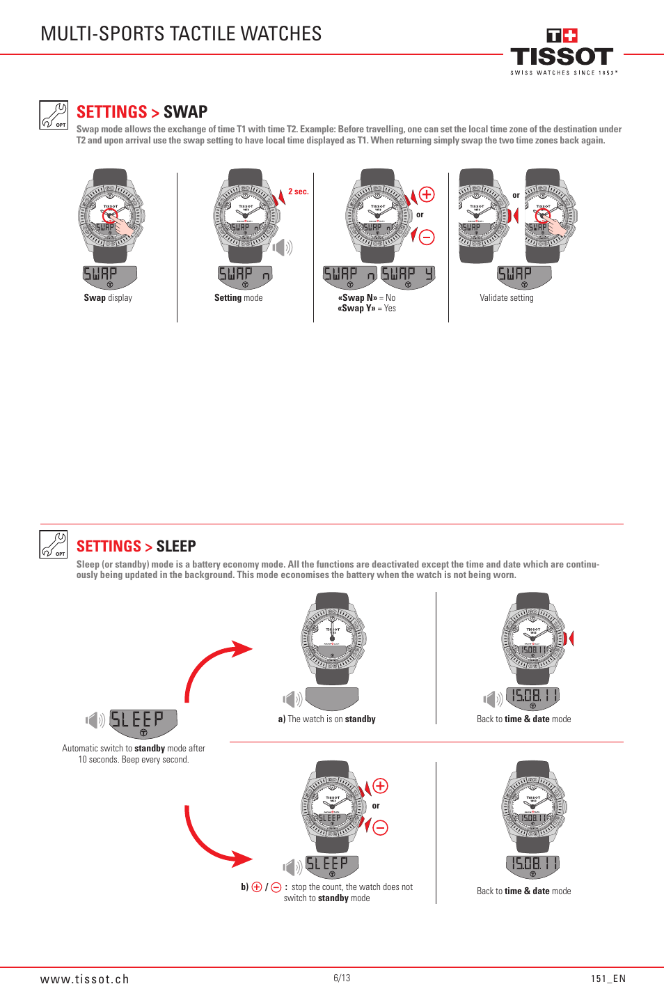 Multi-sports tactile watches, Settings > swap, Settings > sleep | Tissot Racing-Touch 151_EN User Manual | Page 6 / 13