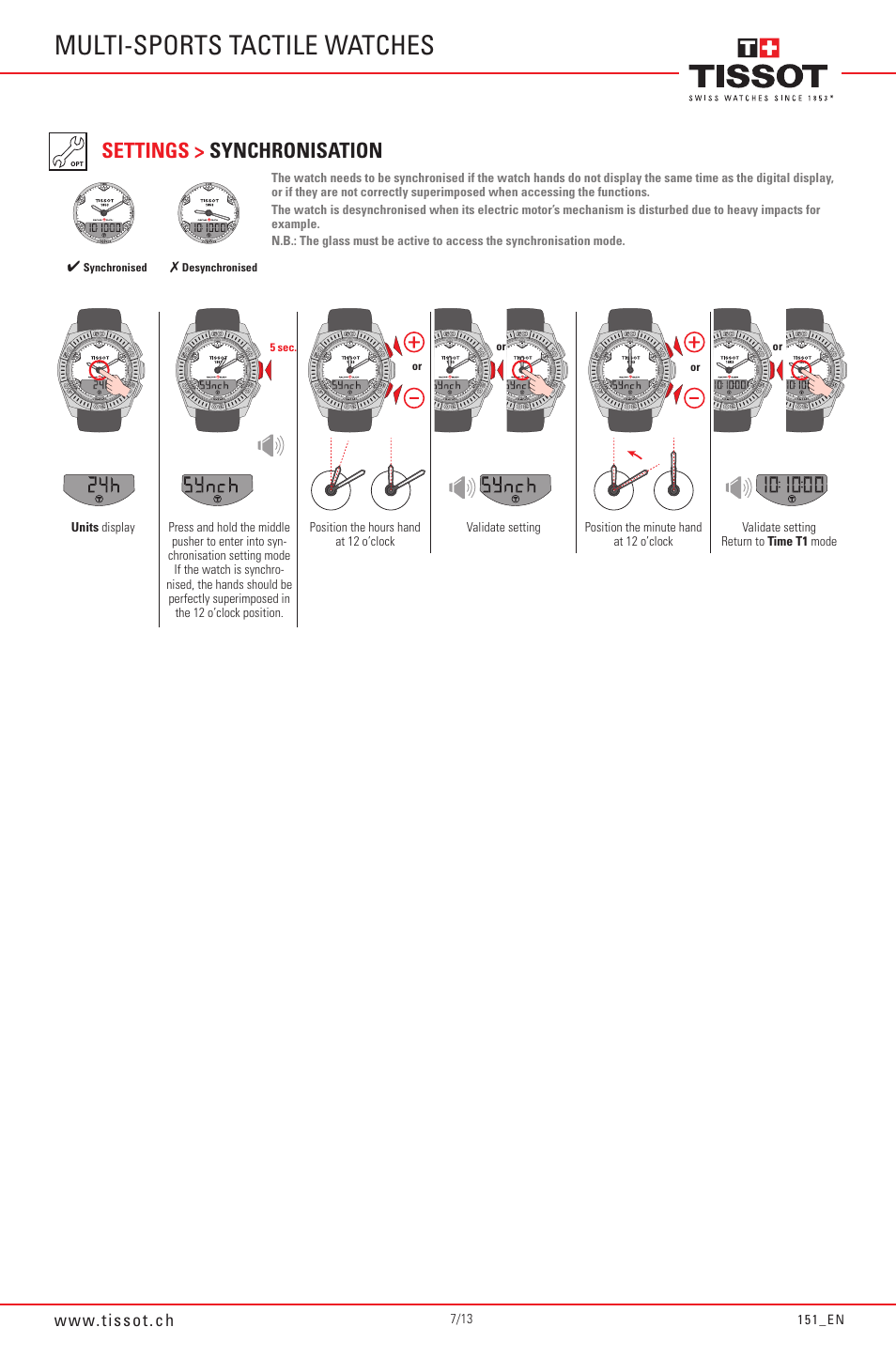Multi-sports tactile watches, Settings > synchronisation | Tissot Racing-Touch 151_EN User Manual | Page 7 / 13