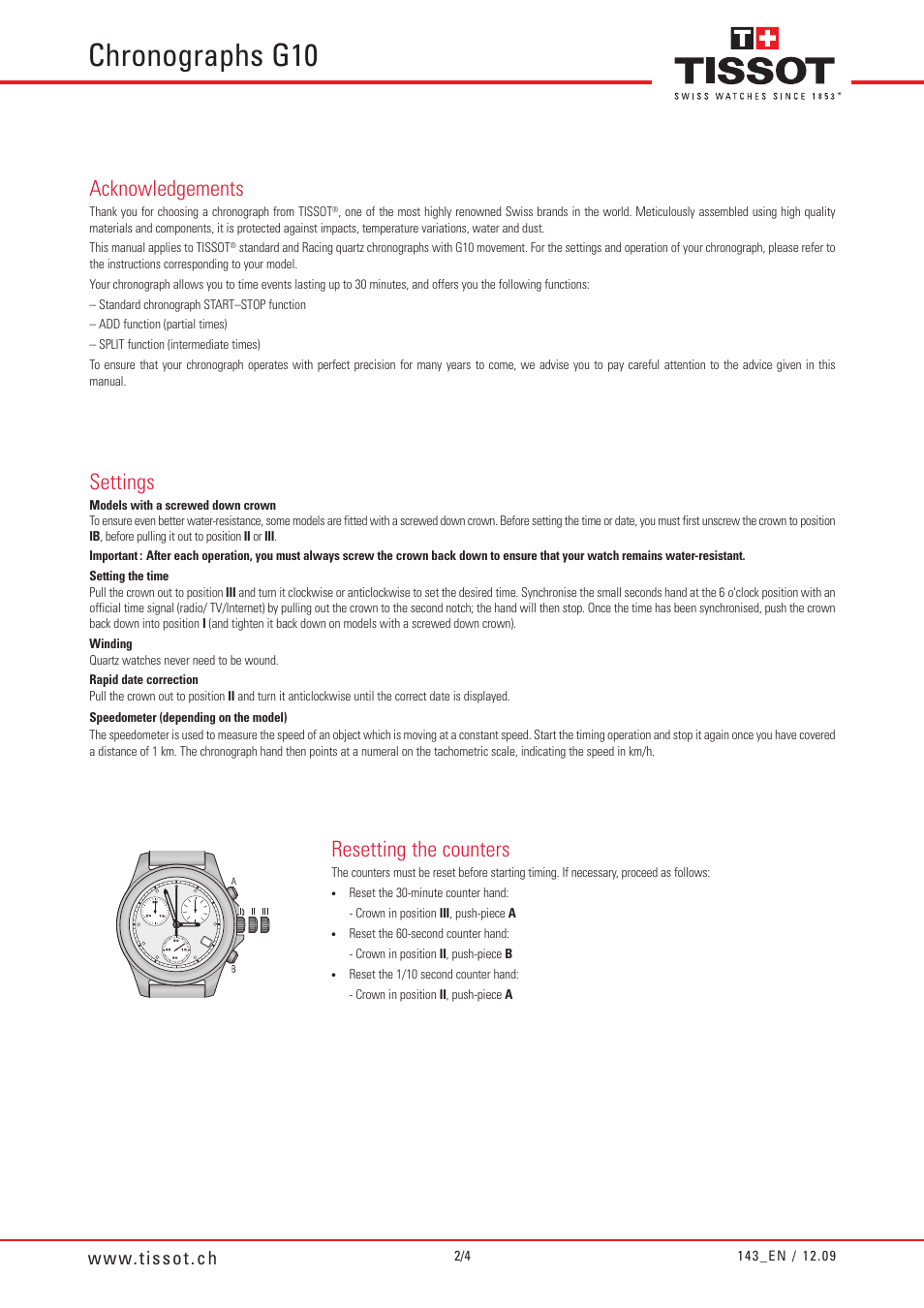 Chronographs g10, Settings, Acknowledgements | Resetting the counters | Tissot Chronographs Watch G10 User Manual | Page 2 / 4