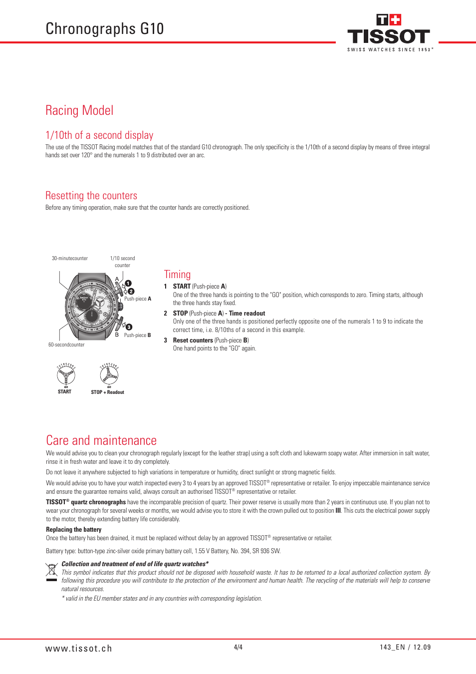 Chronographs g10, Racing model, Care and maintenance | 1/10th of a second display, Resetting the counters, Timing | Tissot Chronographs Watch G10 User Manual | Page 4 / 4