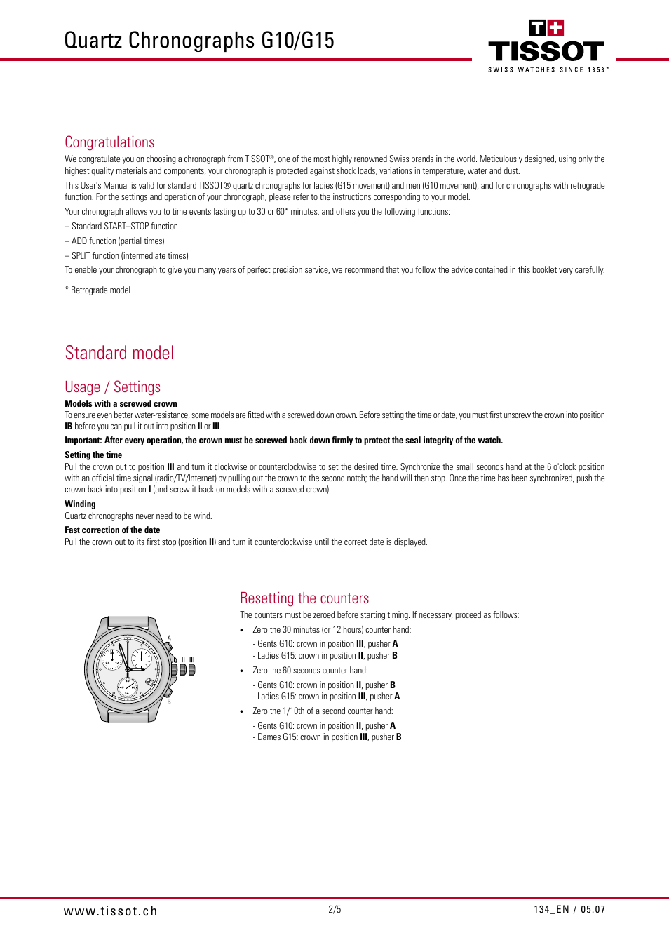 Quartz chronographs g10/g15, Standard model, Usage / settings | Resetting the counters | Tissot G15 User Manual | Page 2 / 5