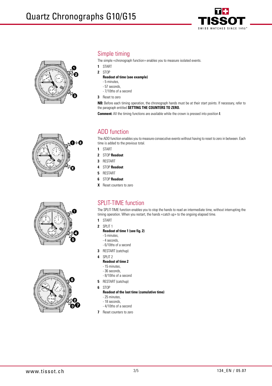 Quartz chronographs g10/g15, Simple timing, Add function | Split-time function | Tissot G15 User Manual | Page 3 / 5