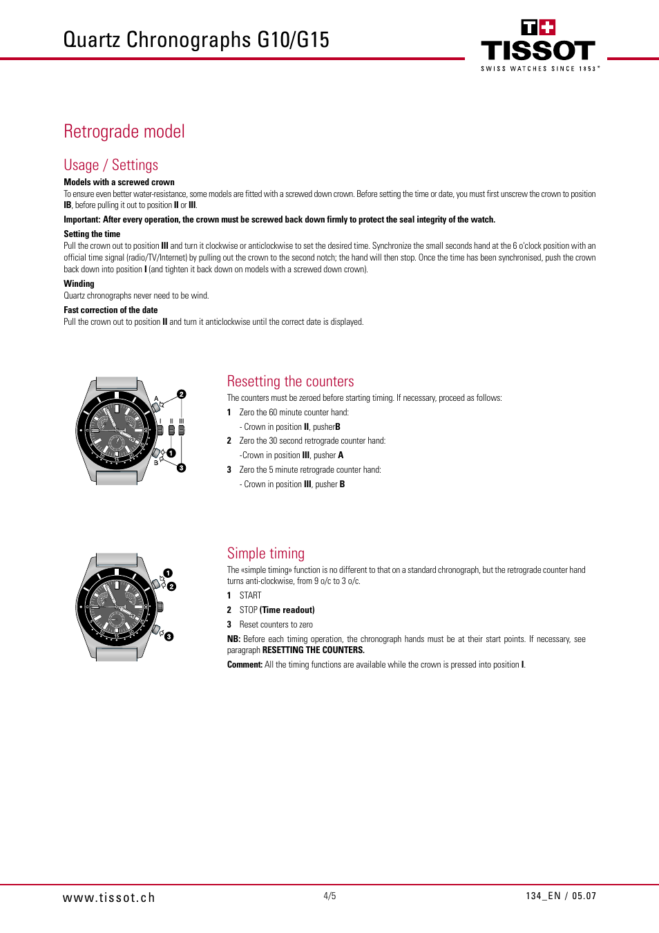 Quartz chronographs g10/g15, Retrograde model, Usage / settings | Resetting the counters, Simple timing | Tissot G15 User Manual | Page 4 / 5