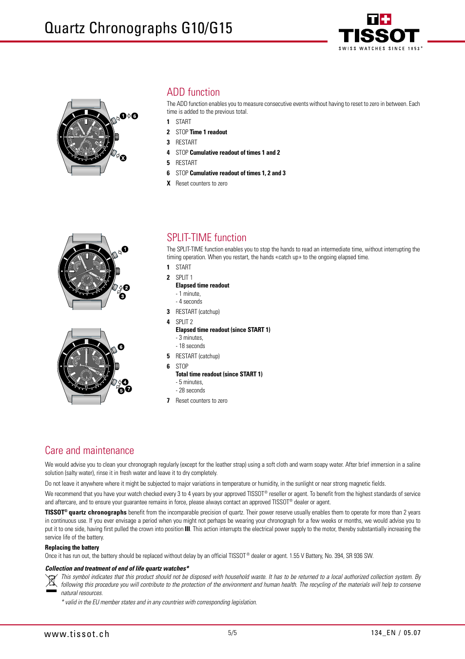 Quartz chronographs g10/g15, Care and maintenance, Add function | Split-time function | Tissot G15 User Manual | Page 5 / 5