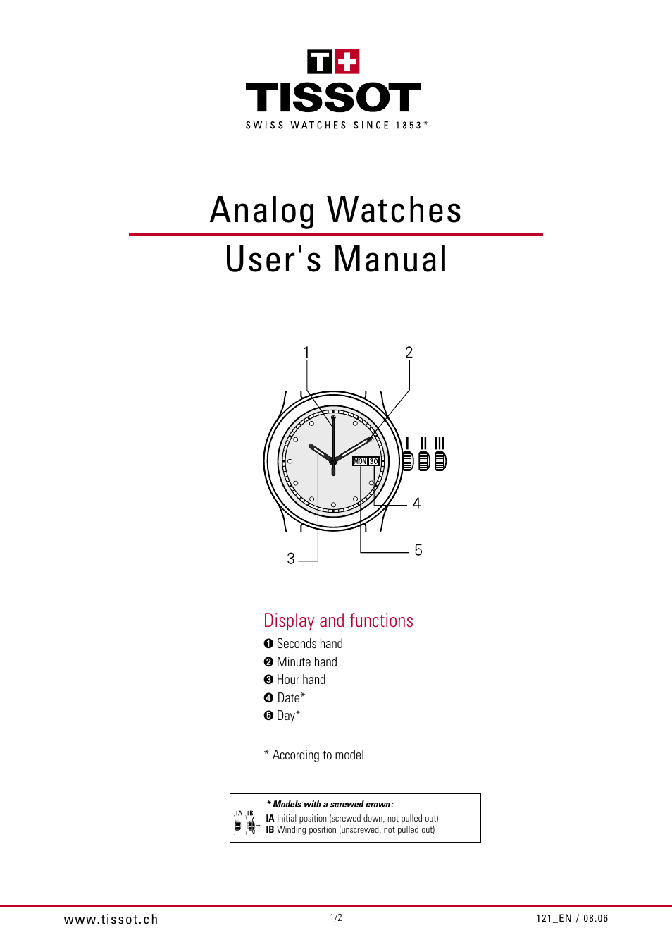 Tissot Analog Watch User Manual | 2 pages