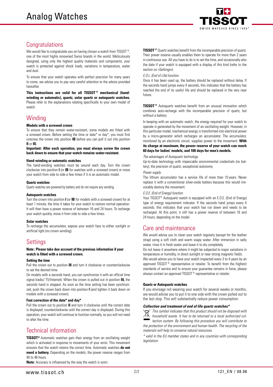 Analog watches, Winding, Settings | Technical information, Care and maintenance | Tissot Analog Watch User Manual | Page 2 / 2