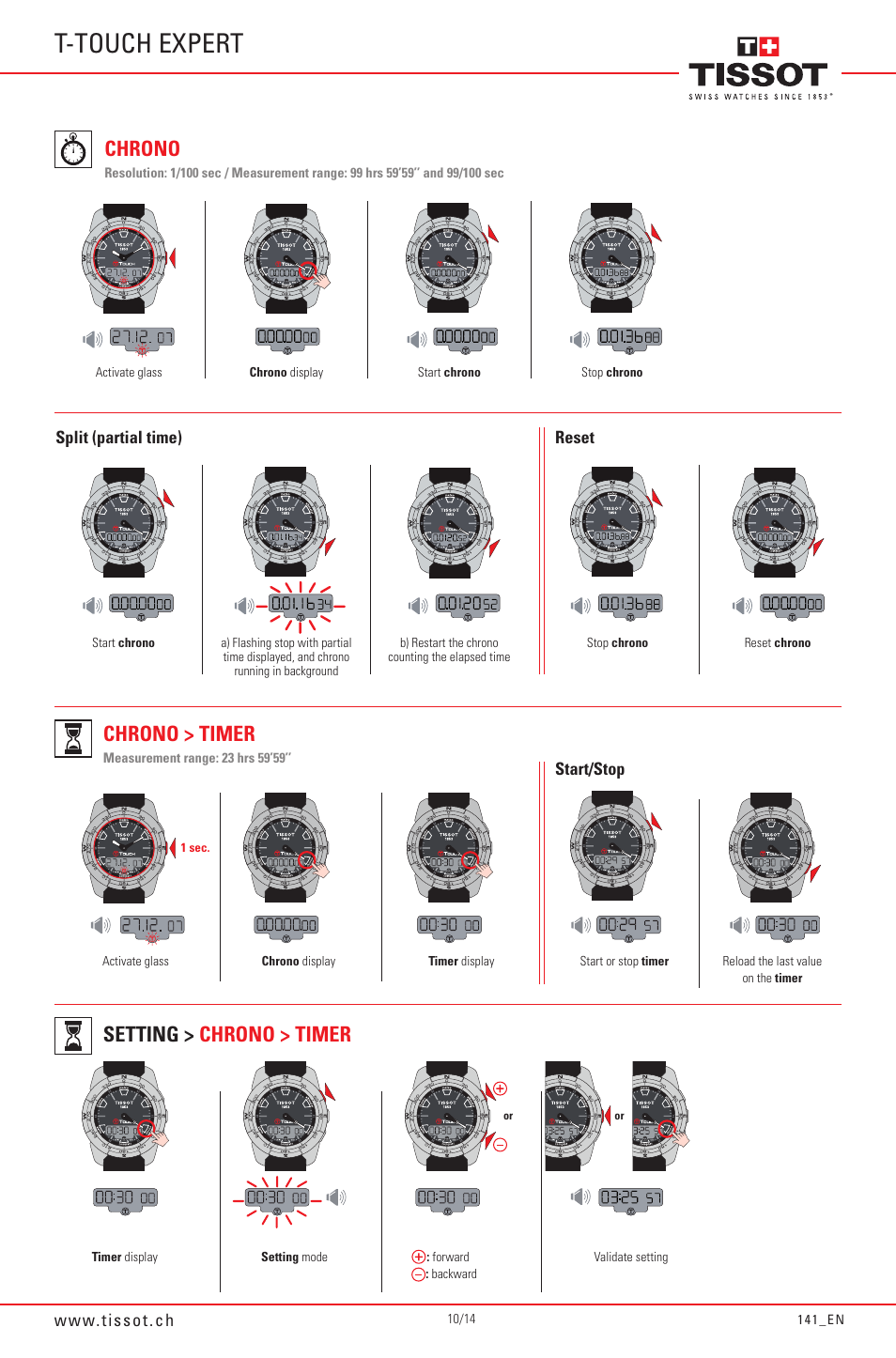 T-touch expert, Chrono > timer setting > chrono > timer, Chrono | 13h46, Start/stop, Split (partial time), Reset | Tissot 141_EN5/14 User Manual | Page 10 / 14