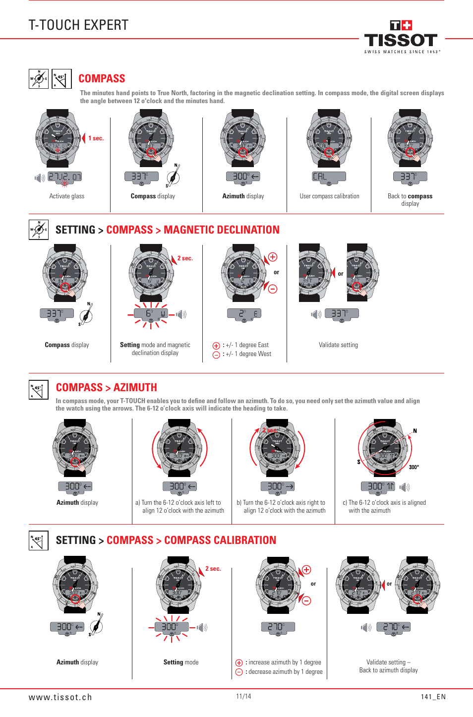 T-touch expert, Compass, Setting > compass > magnetic declination | Tissot 141_EN5/14 User Manual | Page 11 / 14