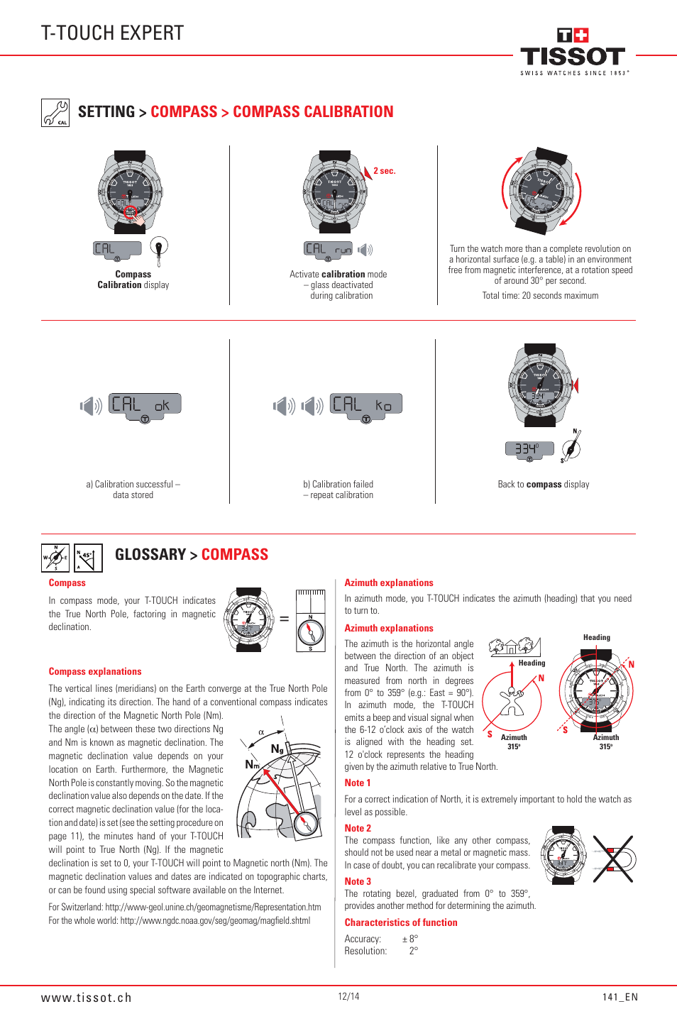 T-touch expert, Glossary > compass, Setting > compass > compass calibration | Tissot 141_EN5/14 User Manual | Page 12 / 14