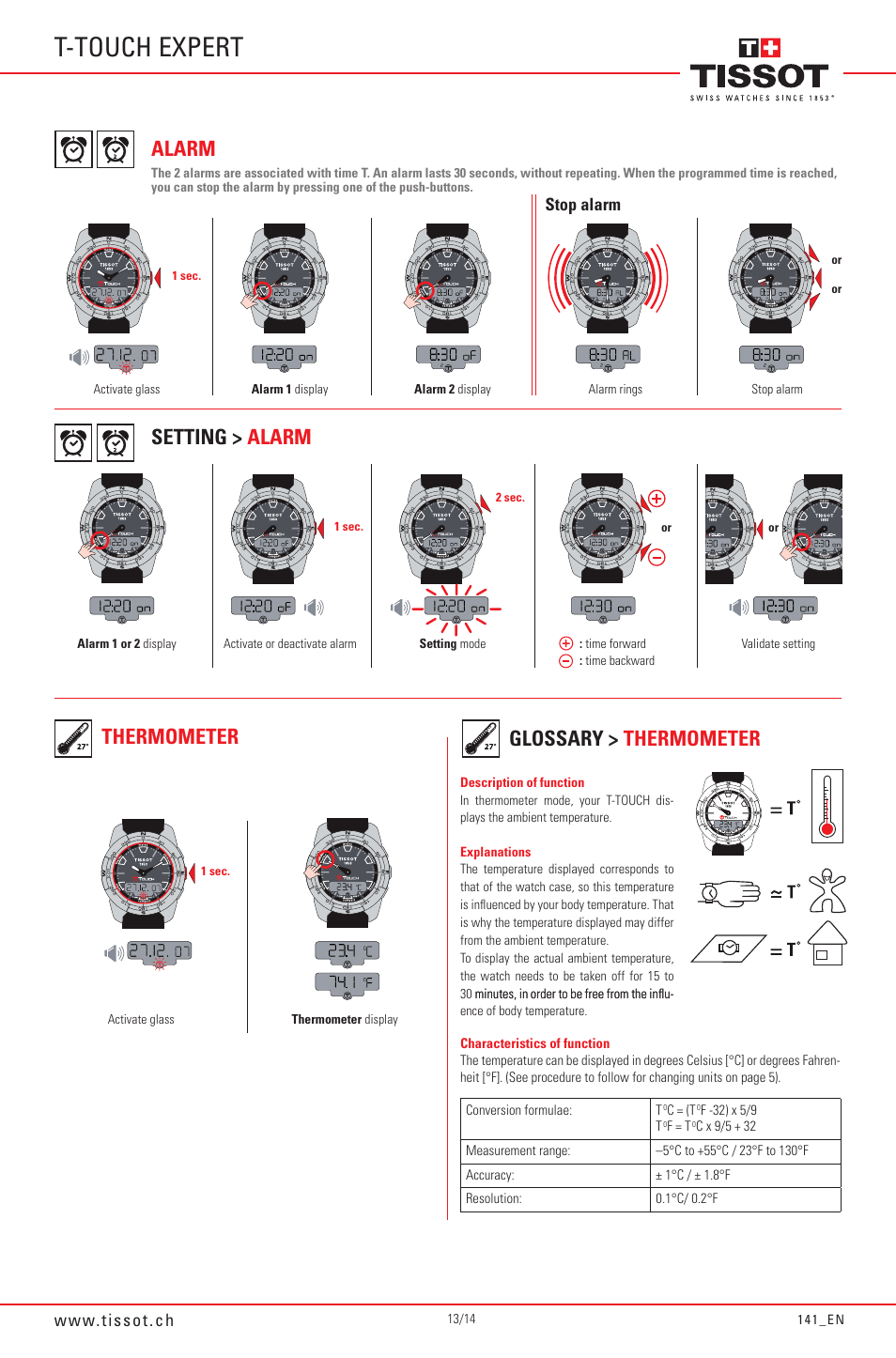 T-touch expert, Thermometer, Glossary > thermometer | Alarm, Setting > alarm, Stop alarm | Tissot 141_EN5/14 User Manual | Page 13 / 14