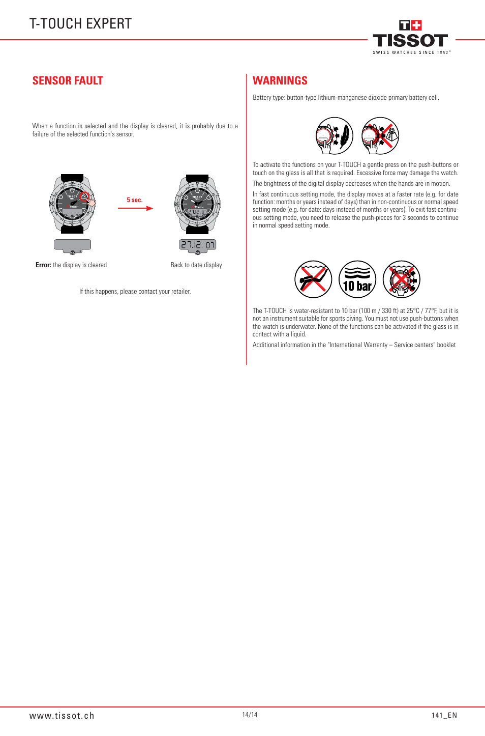 T-touch expert, Sensor fault, Warnings | Tissot 141_EN5/14 User Manual | Page 14 / 14