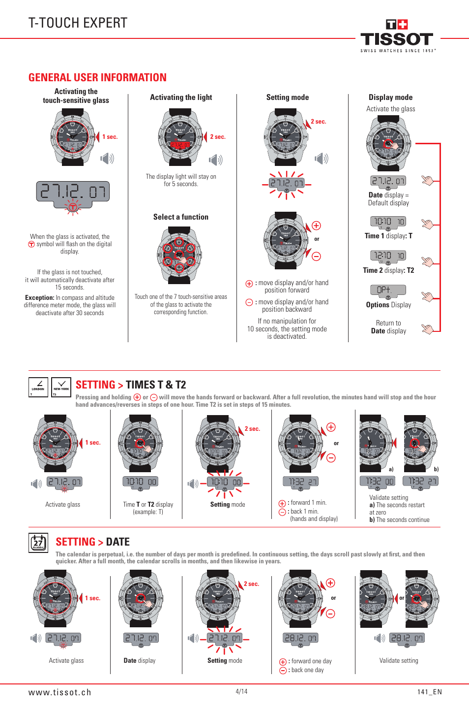 T-touch expert, Setting > times t & t2 setting > date, General user information | Tissot 141_EN5/14 User Manual | Page 4 / 14