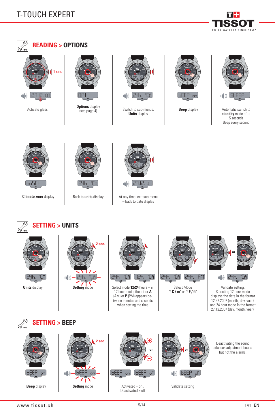 T-touch expert, Setting > units setting > beep, Reading > options | Tissot 141_EN5/14 User Manual | Page 5 / 14