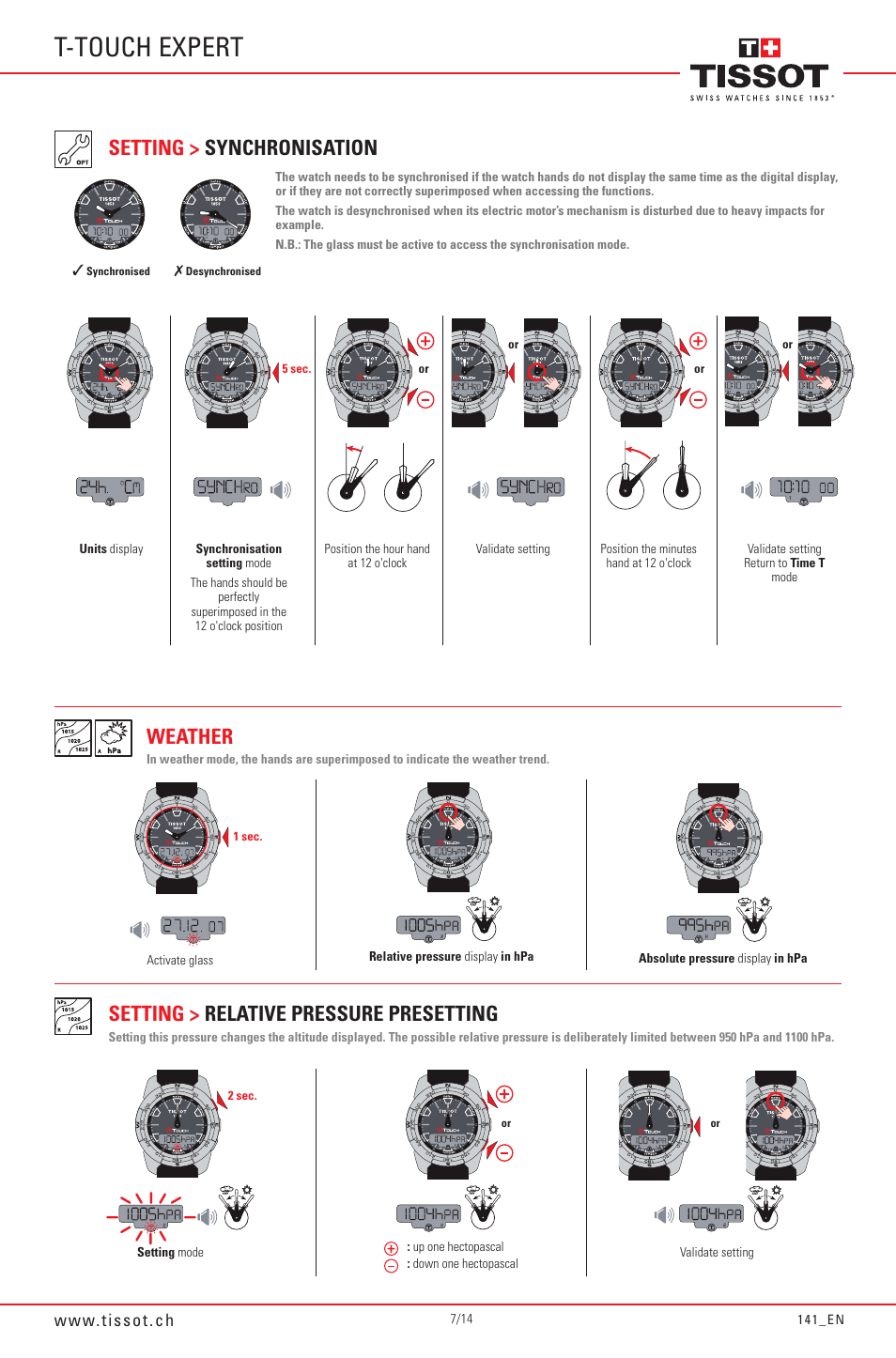 T-touch expert, Weather, Setting > relative pressure presetting | Setting > synchronisation | Tissot 141_EN5/14 User Manual | Page 7 / 14