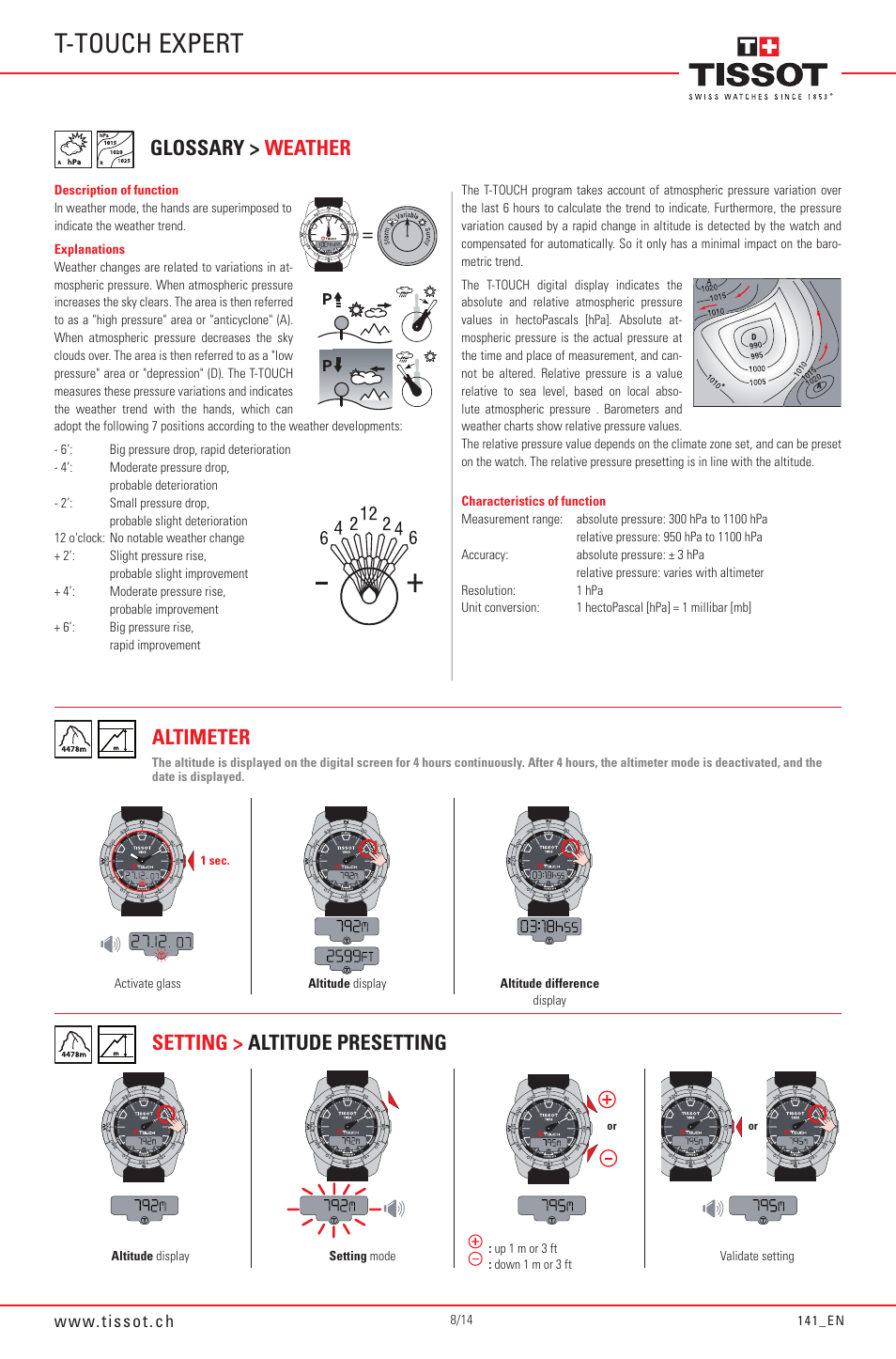 T-touch expert, Altimeter, Setting > altitude presetting | Glossary > weather | Tissot 141_EN5/14 User Manual | Page 8 / 14