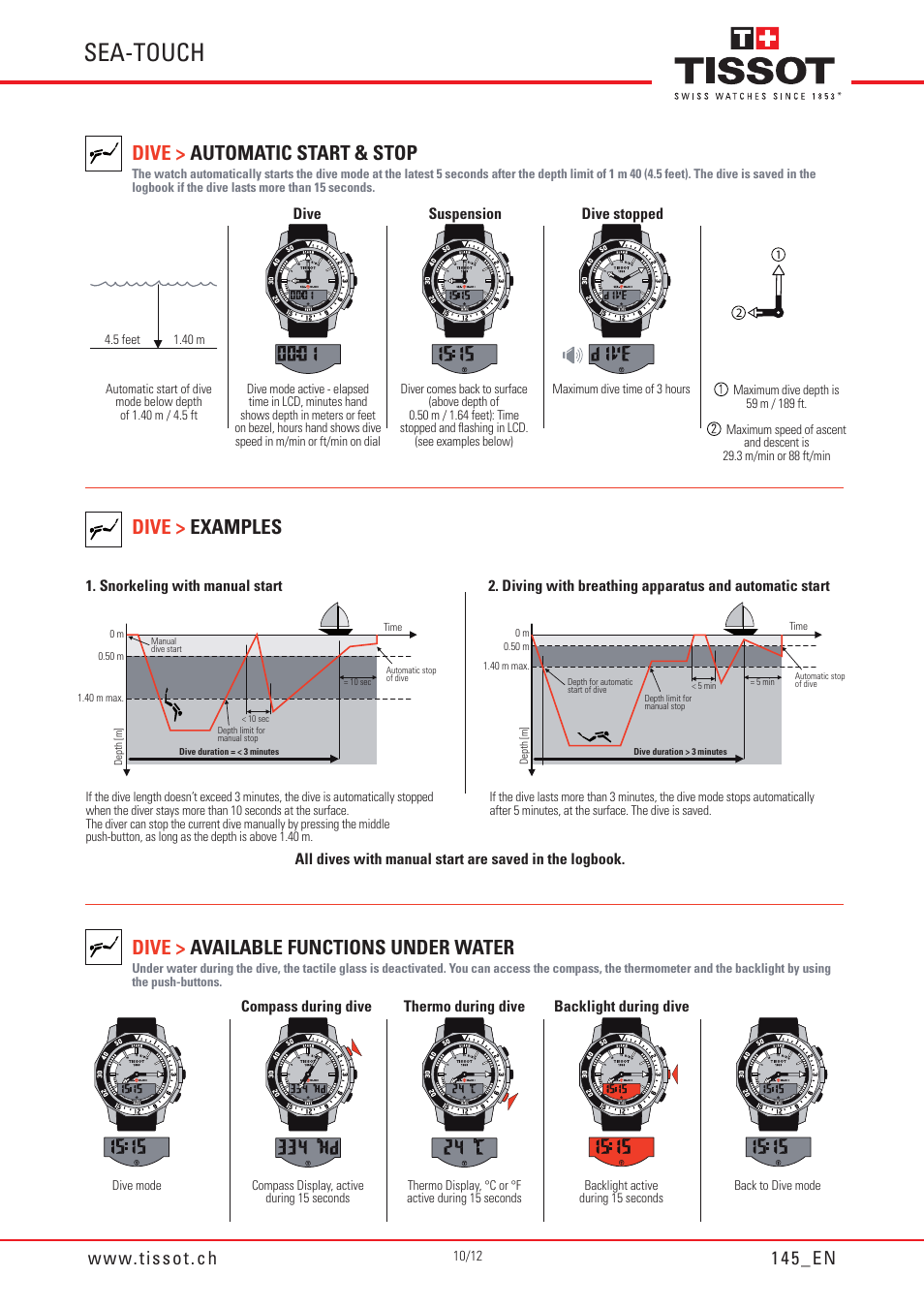 Sea-touch, Dive > automatic start & stop, Dive > examples | Dive > available functions under water | Tissot SEA-TOUCH 145 User Manual | Page 10 / 12