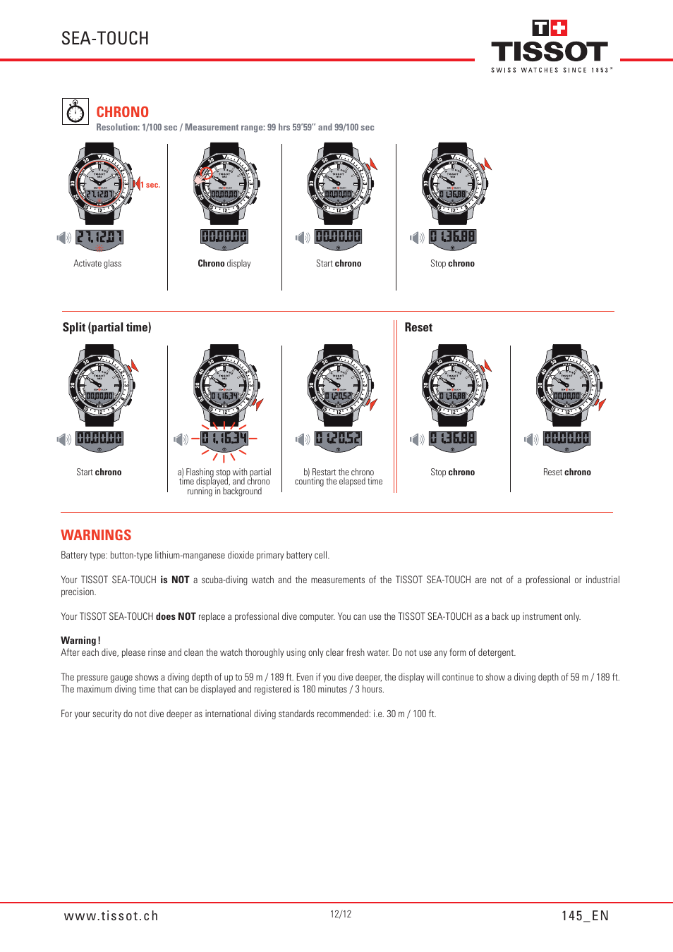 Sea-touch, Chrono, Warnings | Tissot SEA-TOUCH 145 User Manual | Page 12 / 12