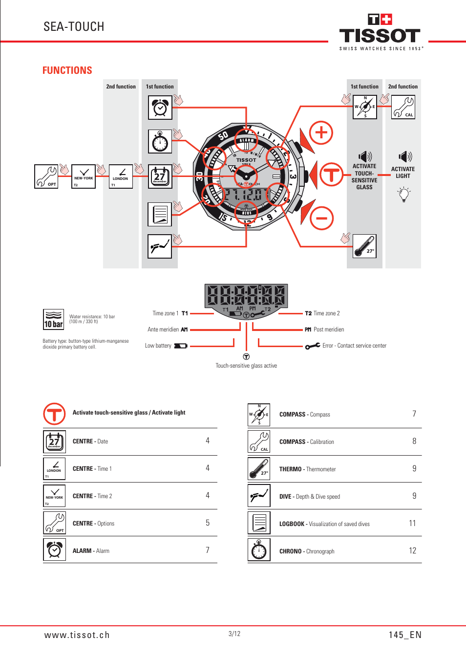 Sea-touch, Functions | Tissot SEA-TOUCH 145 User Manual | Page 3 / 12