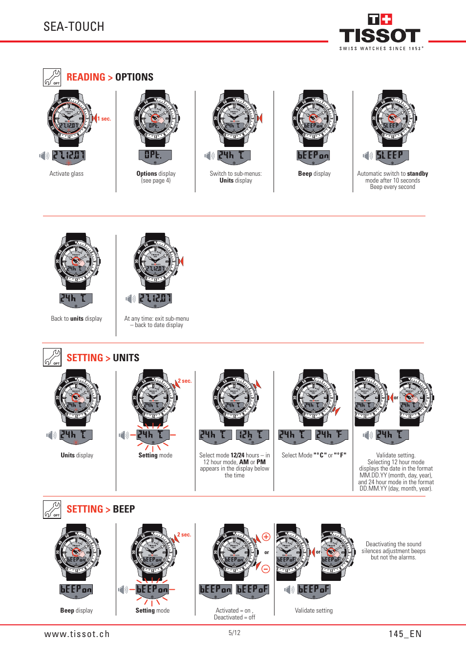 Sea-touch, Setting > units reading > options, Setting > beep | Tissot SEA-TOUCH 145 User Manual | Page 5 / 12