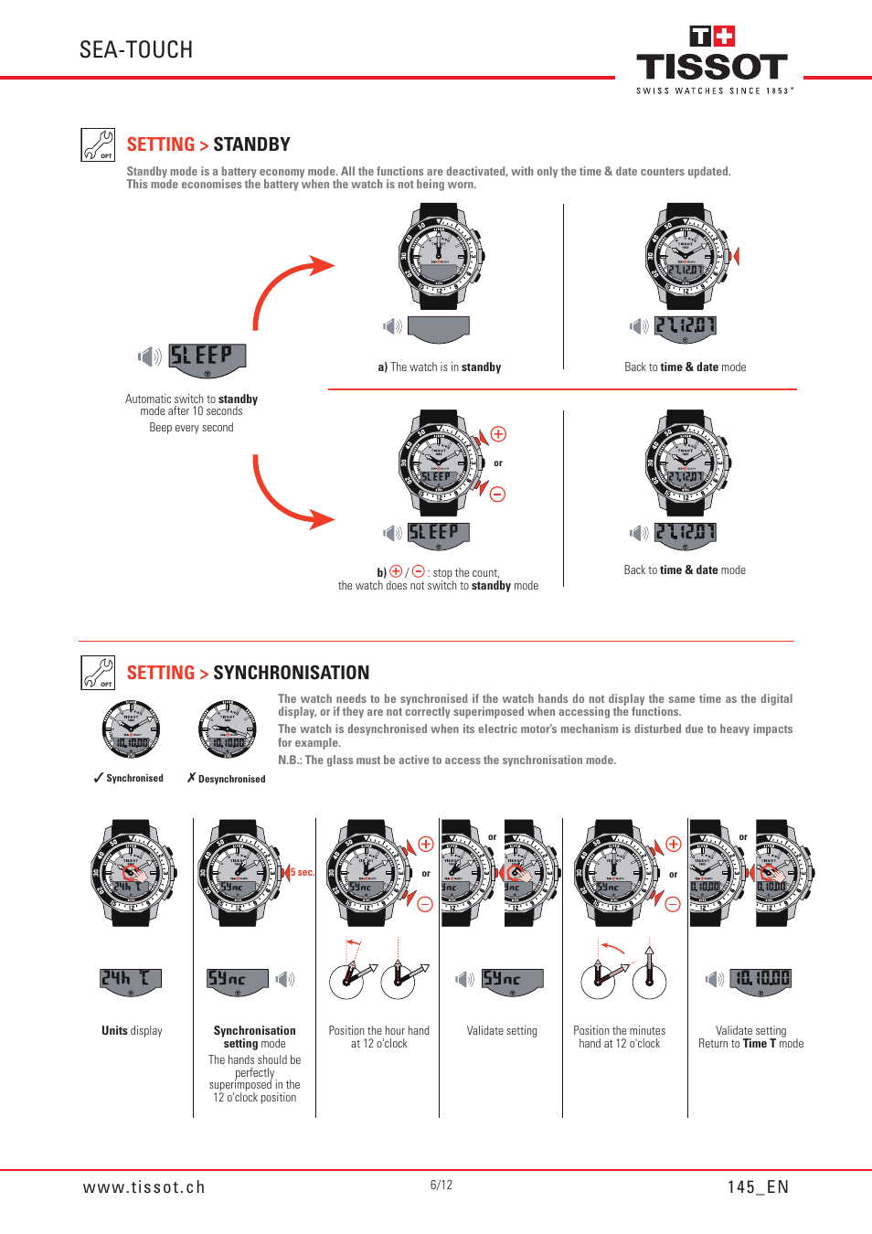 Sea-touch, Setting > standby setting > synchronisation | Tissot SEA-TOUCH 145 User Manual | Page 6 / 12