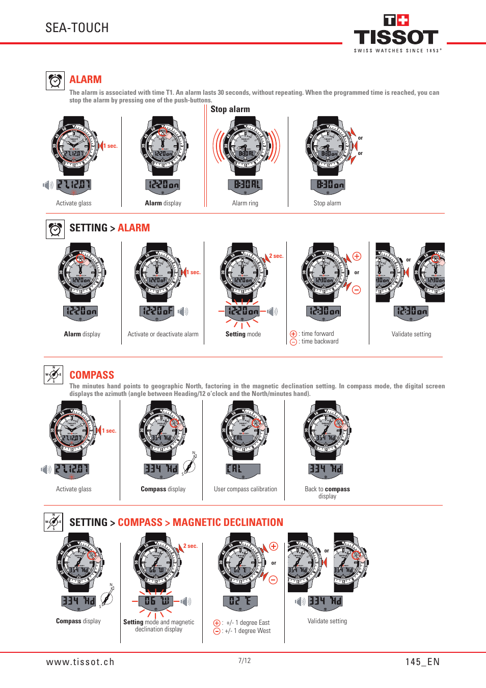 Sea-touch, Alarm, Setting > alarm | Compass, Setting > compass > magnetic declination, Stop alarm | Tissot SEA-TOUCH 145 User Manual | Page 7 / 12