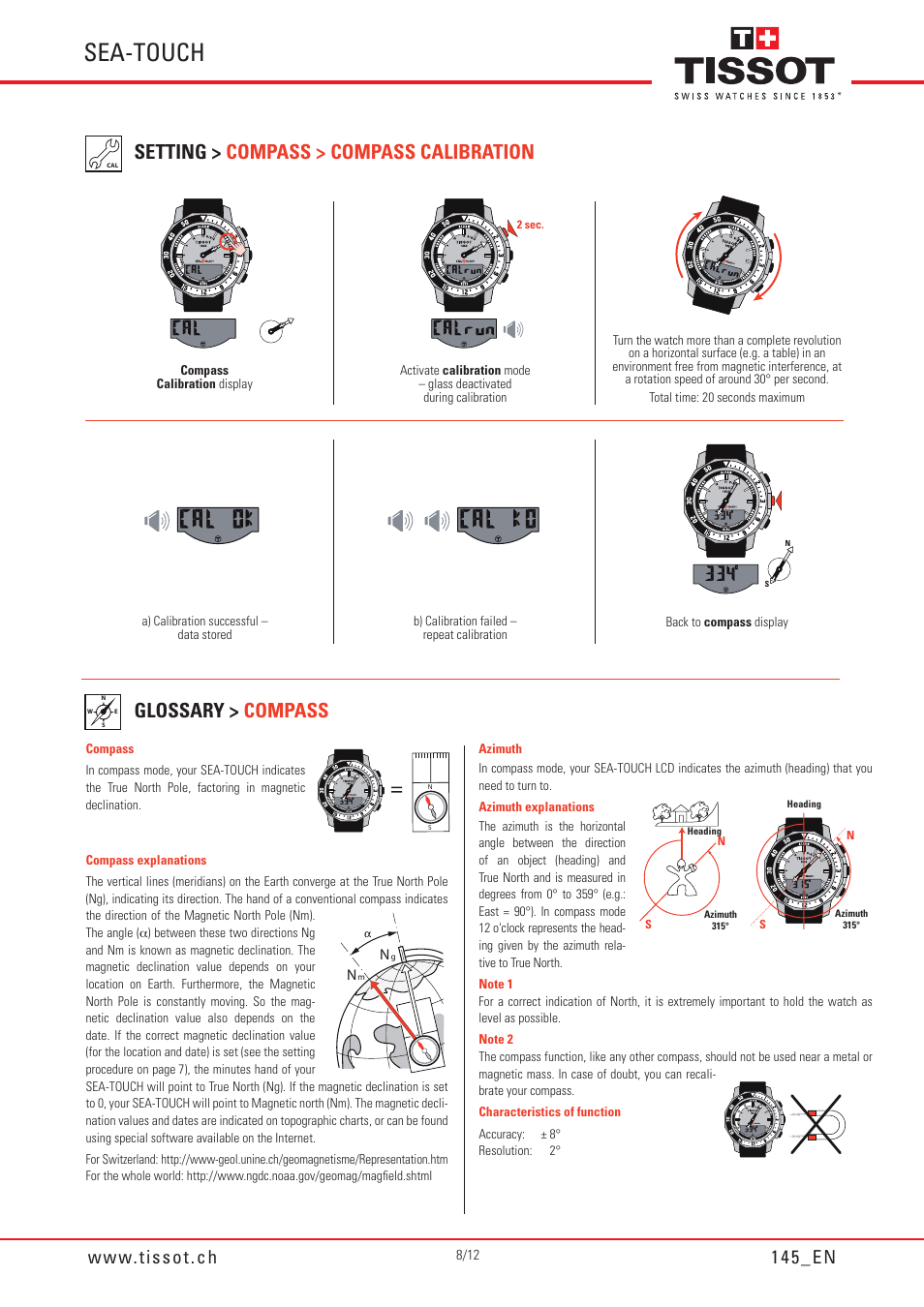 Sea-touch, Setting > compass > compass calibration, Glossary > compass | Tissot SEA-TOUCH 145 User Manual | Page 8 / 12