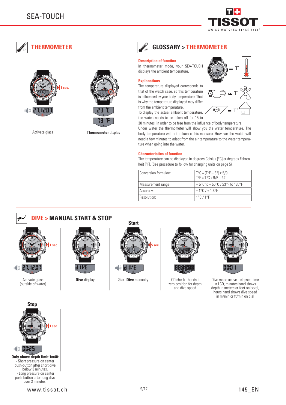 Sea-touch, Thermometer, Dive > manual start & stop | Glossary > thermometer | Tissot SEA-TOUCH 145 User Manual | Page 9 / 12