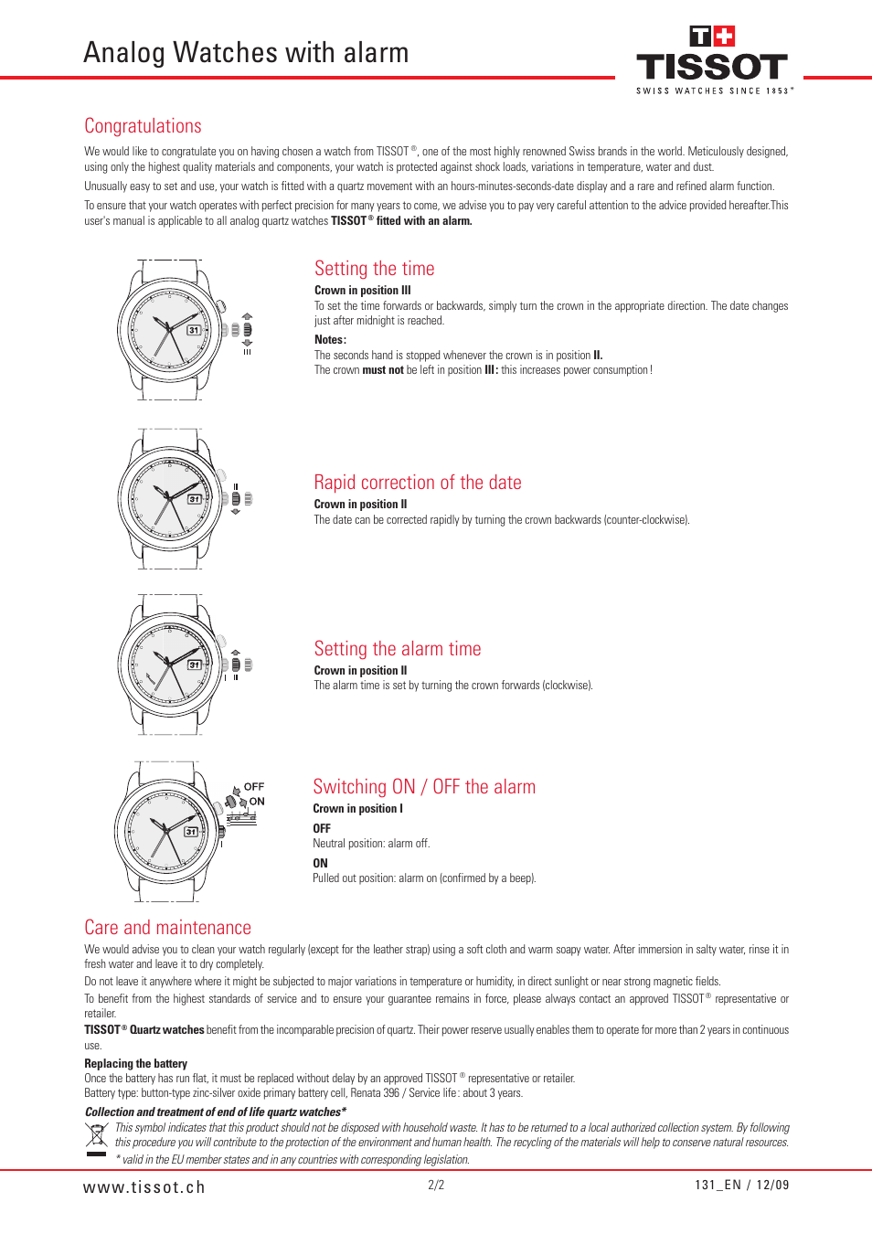 Analog watches with alarm, Setting the time, Rapid correction of the date | Setting the alarm time, Switching on / off the alarm, Care and maintenance | Tissot Analog Watches with alarm 131_N/12/09 User Manual | Page 2 / 2