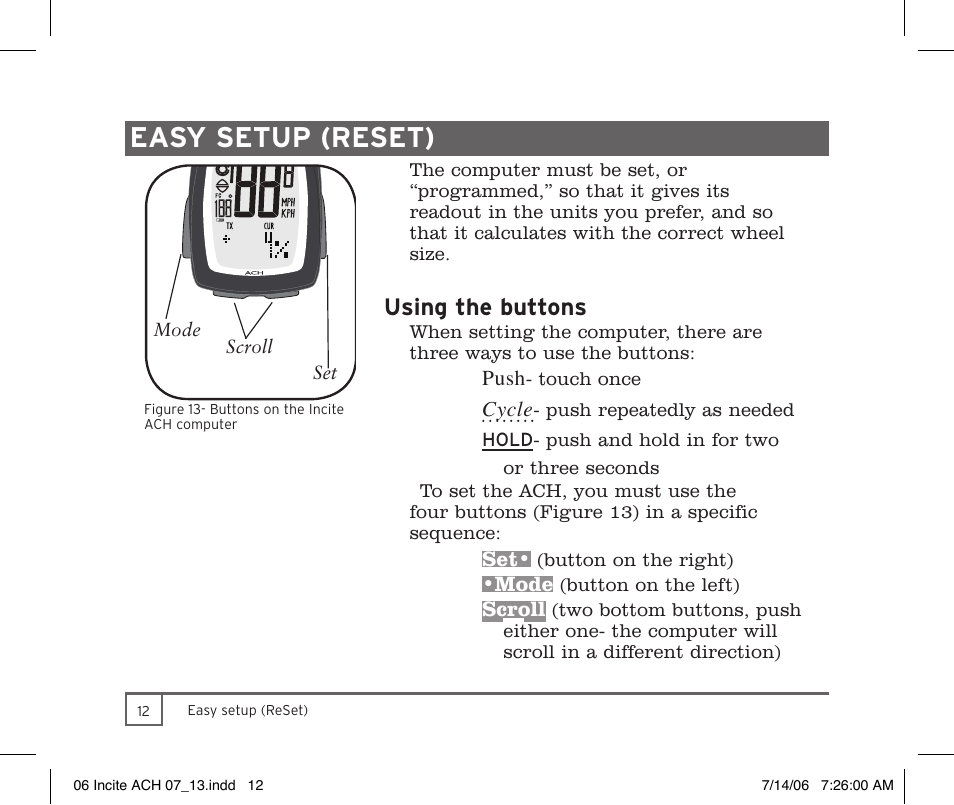 Easy setup (reset), Using the buttons | Trek Bicycle Computer User Manual | Page 14 / 40