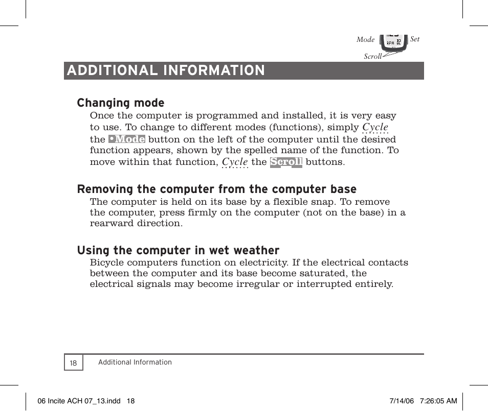 Additional information, Changing mode, Removing the computer from the computer base | Using the computer in wet weather | Trek Bicycle Computer User Manual | Page 20 / 40