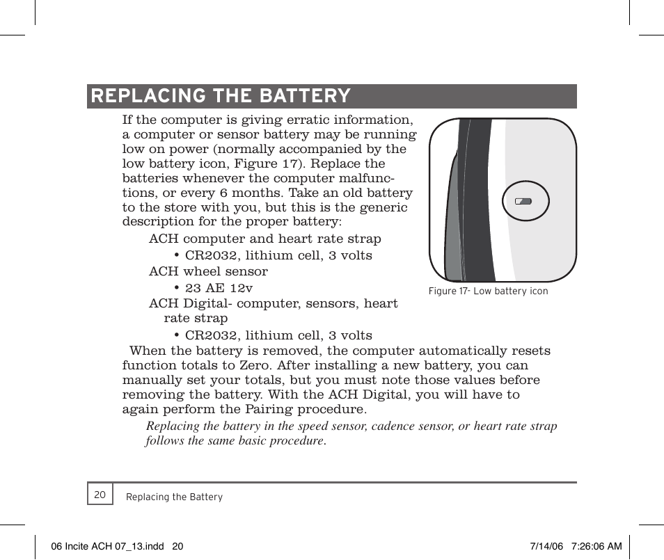 Replacing the battery | Trek Bicycle Computer User Manual | Page 22 / 40