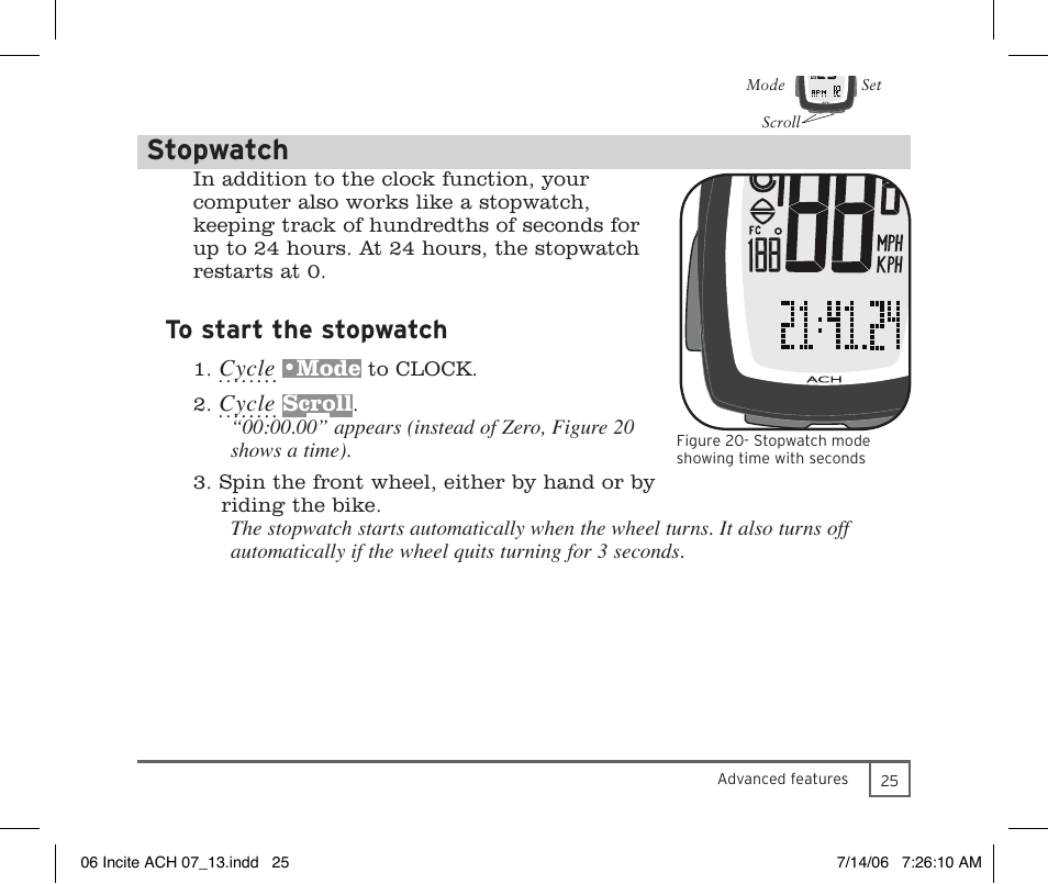 Stopwatch | Trek Bicycle Computer User Manual | Page 27 / 40