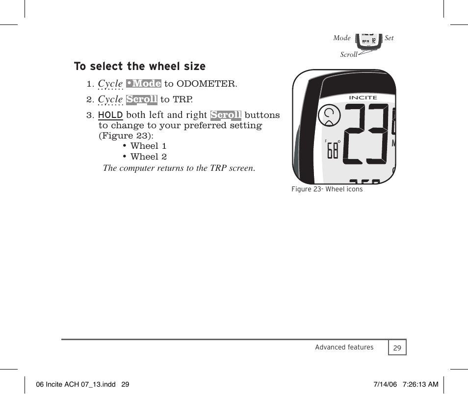 Cycle, Mode, Scroll | Both left and right | Trek Bicycle Computer User Manual | Page 31 / 40