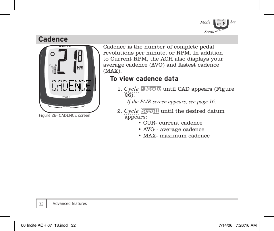 Cadence, Cycle, Mode | Scroll | Trek Bicycle Computer User Manual | Page 34 / 40