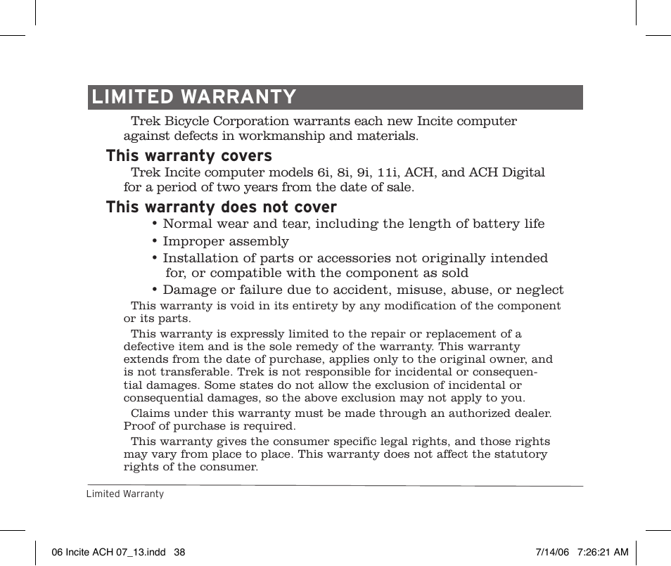 Limited warranty, This warranty covers, This warranty does not cover | Trek Bicycle Computer User Manual | Page 40 / 40