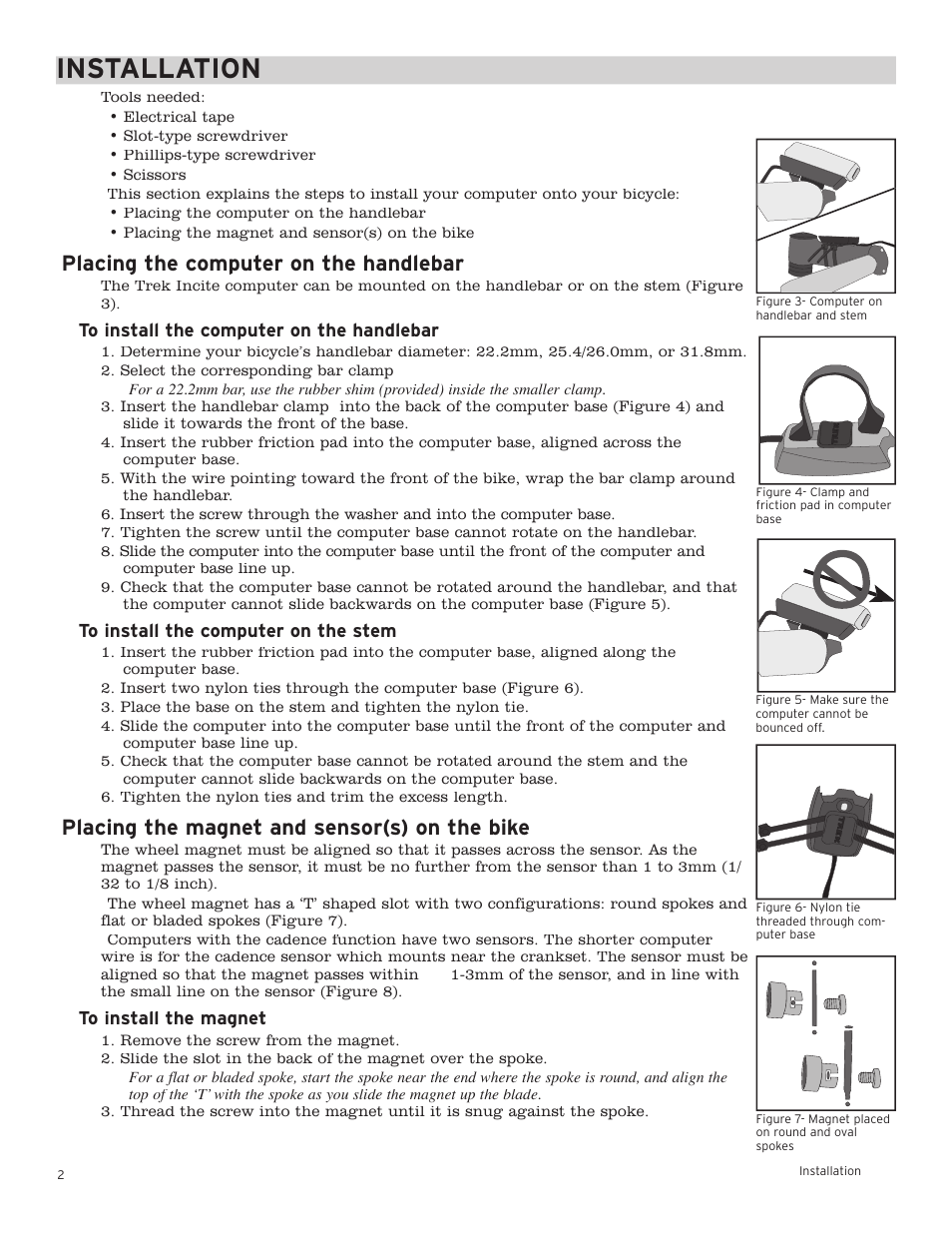 Installation, Placing the computer on the handlebar, Placing the magnet and sensor(s) on the bike | Trek Incite 6i User Manual | Page 3 / 10