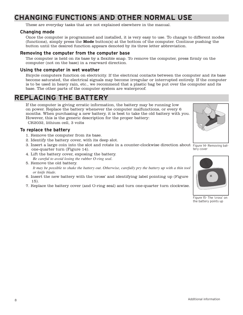 Changing functions and other normal use, Replacing the battery | Trek Incite 6i User Manual | Page 9 / 10