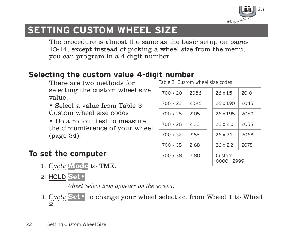 Setting custom wheel size, Selecting the custom value 4-digit number, Cycle | Mode, Wheel select icon appears on the screen. 3 | Trek 11i  EN User Manual | Page 24 / 27