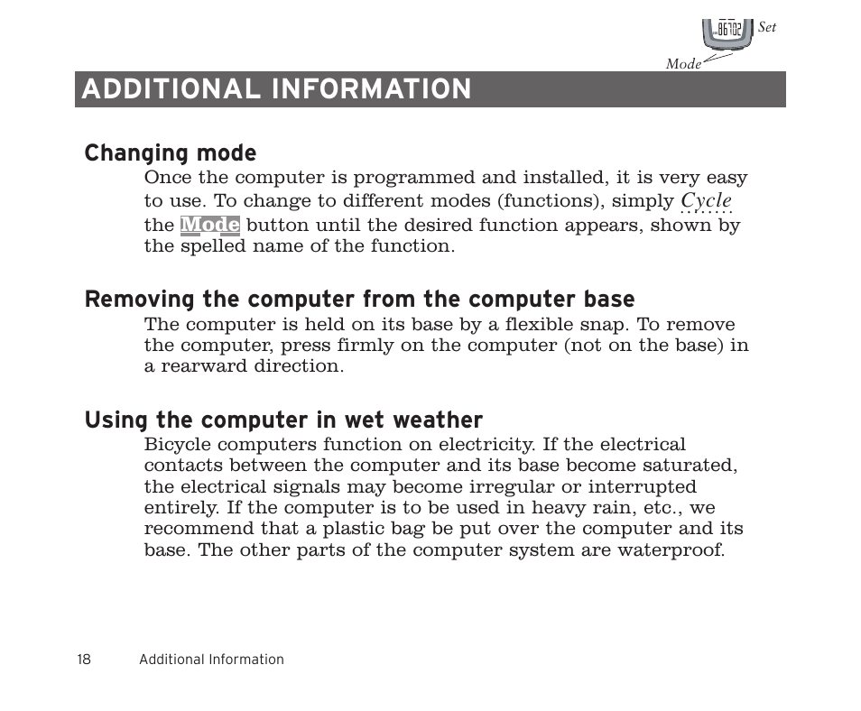 Additional information, Changing mode, Removing the computer from the computer base | Using the computer in wet weather, Cycle, Mode | Trek 8i User Manual | Page 20 / 27