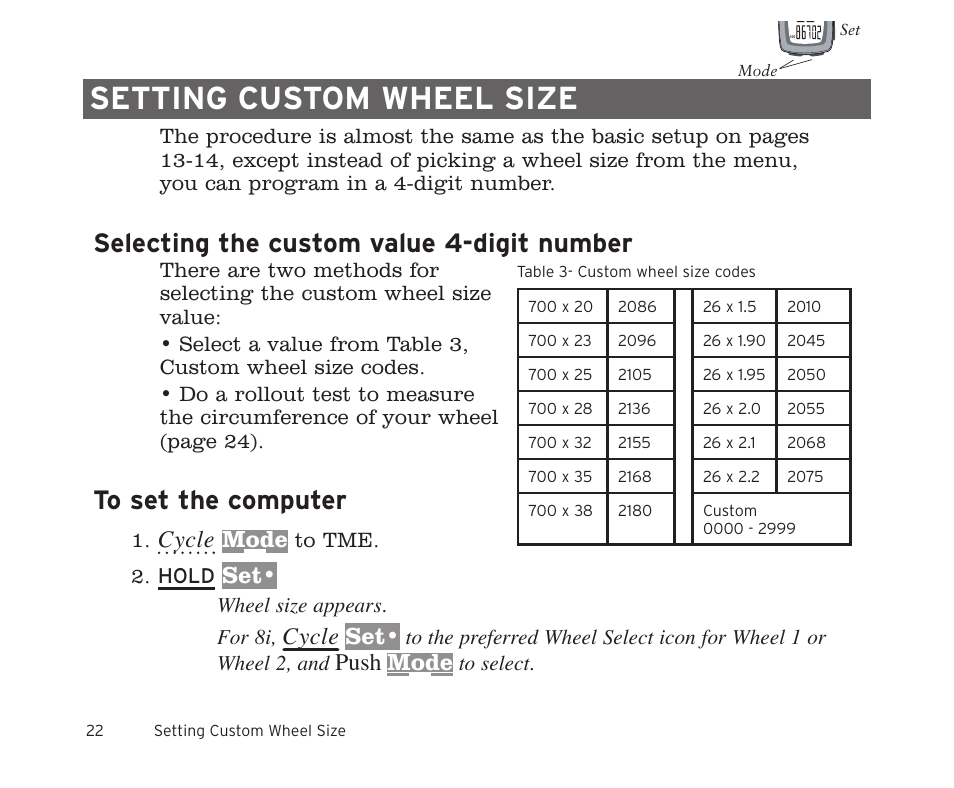 Setting custom wheel size, Selecting the custom value 4-digit number, Cycle | Mode, Push, Wheel size appears. for 8i | Trek 8i User Manual | Page 24 / 27