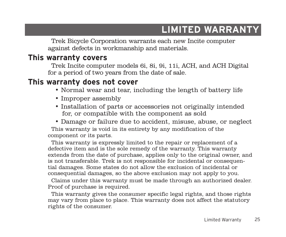 Limited warranty, This warranty covers, This warranty does not cover | Trek 8i User Manual | Page 27 / 27