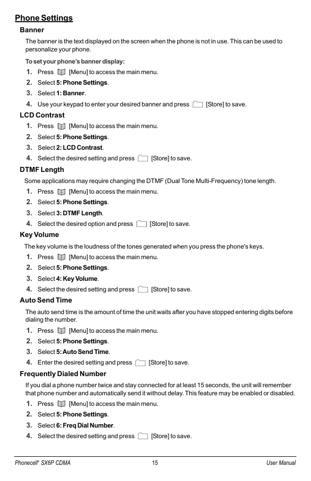 Phone settings | Telular SX6P-200C User Manual | Page 23 / 32