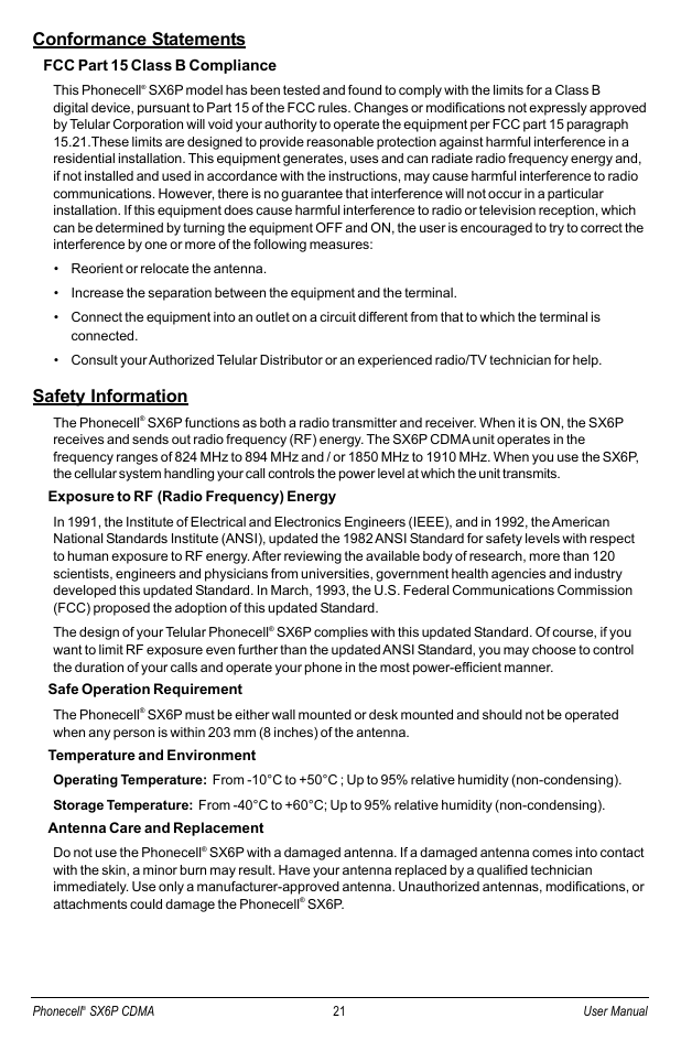 Conformance statements, Safety information | Telular SX6P-200C User Manual | Page 29 / 32