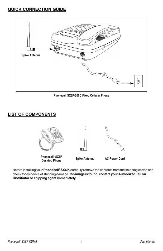 Quick connection guide, List of components | Telular SX6P-200C User Manual | Page 3 / 32