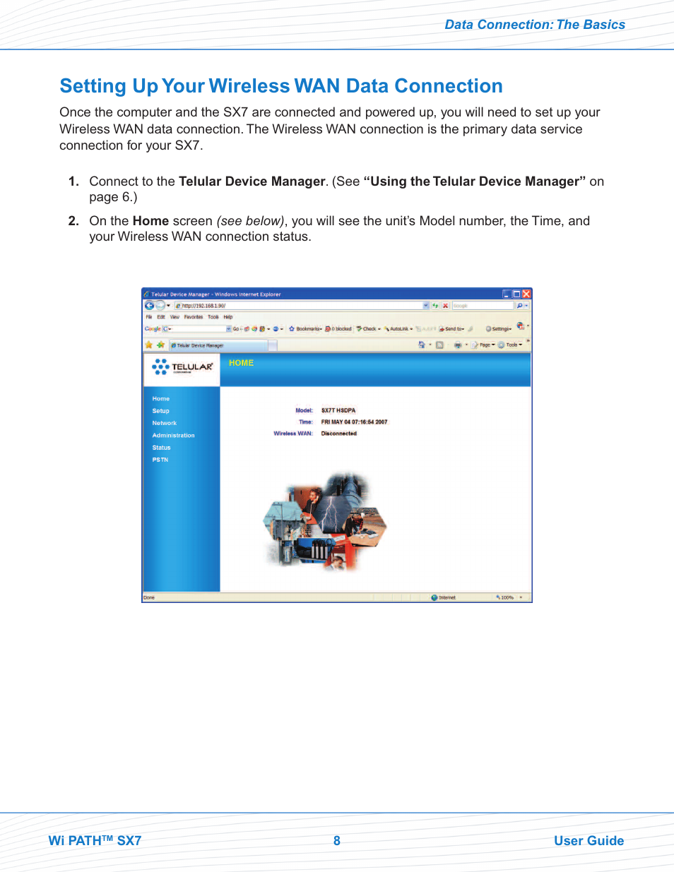Setting up your wireless wan data connection | Telular SX7M User Manual | Page 10 / 42