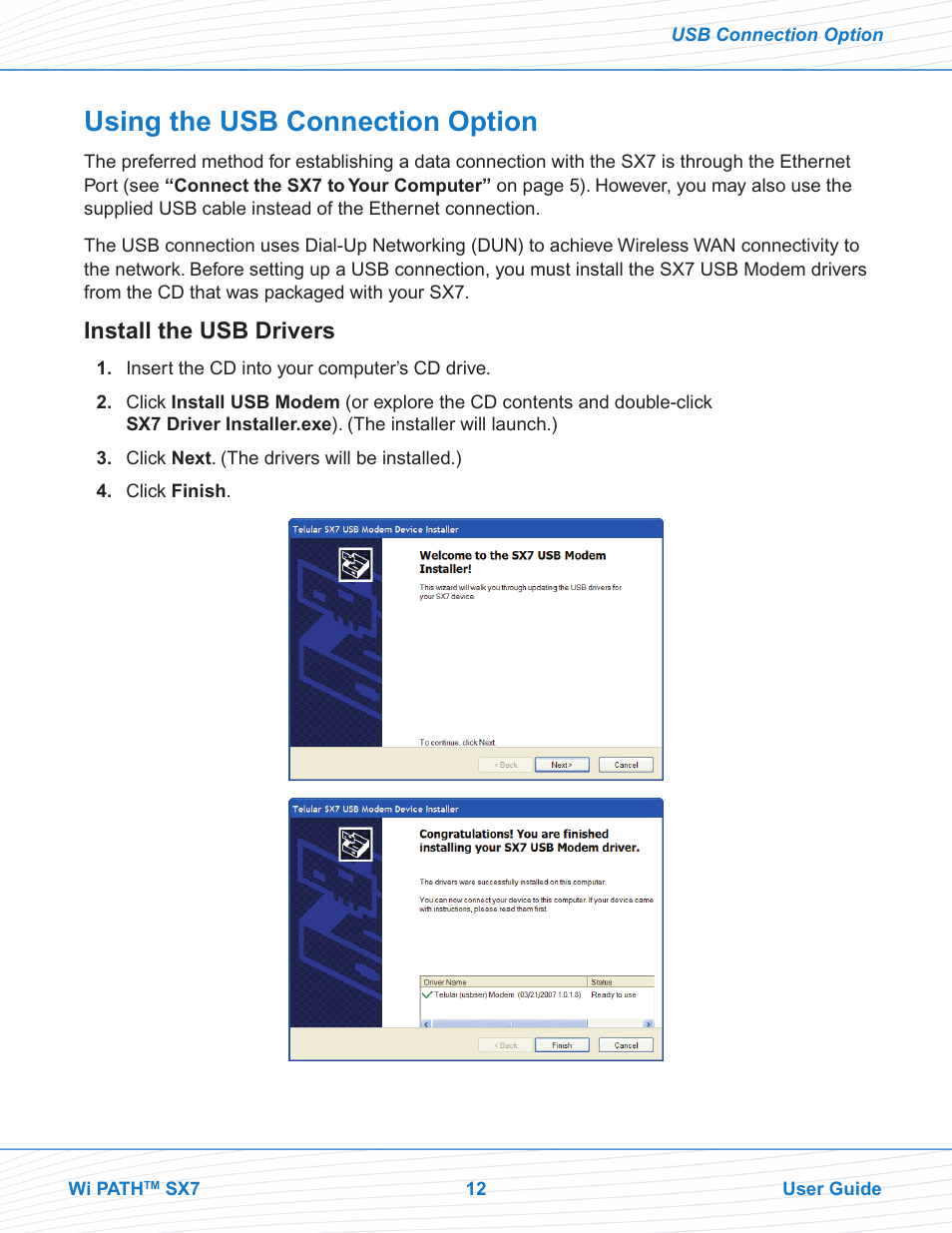 Using the usb connection option, Install the usb drivers | Telular SX7M User Manual | Page 14 / 42