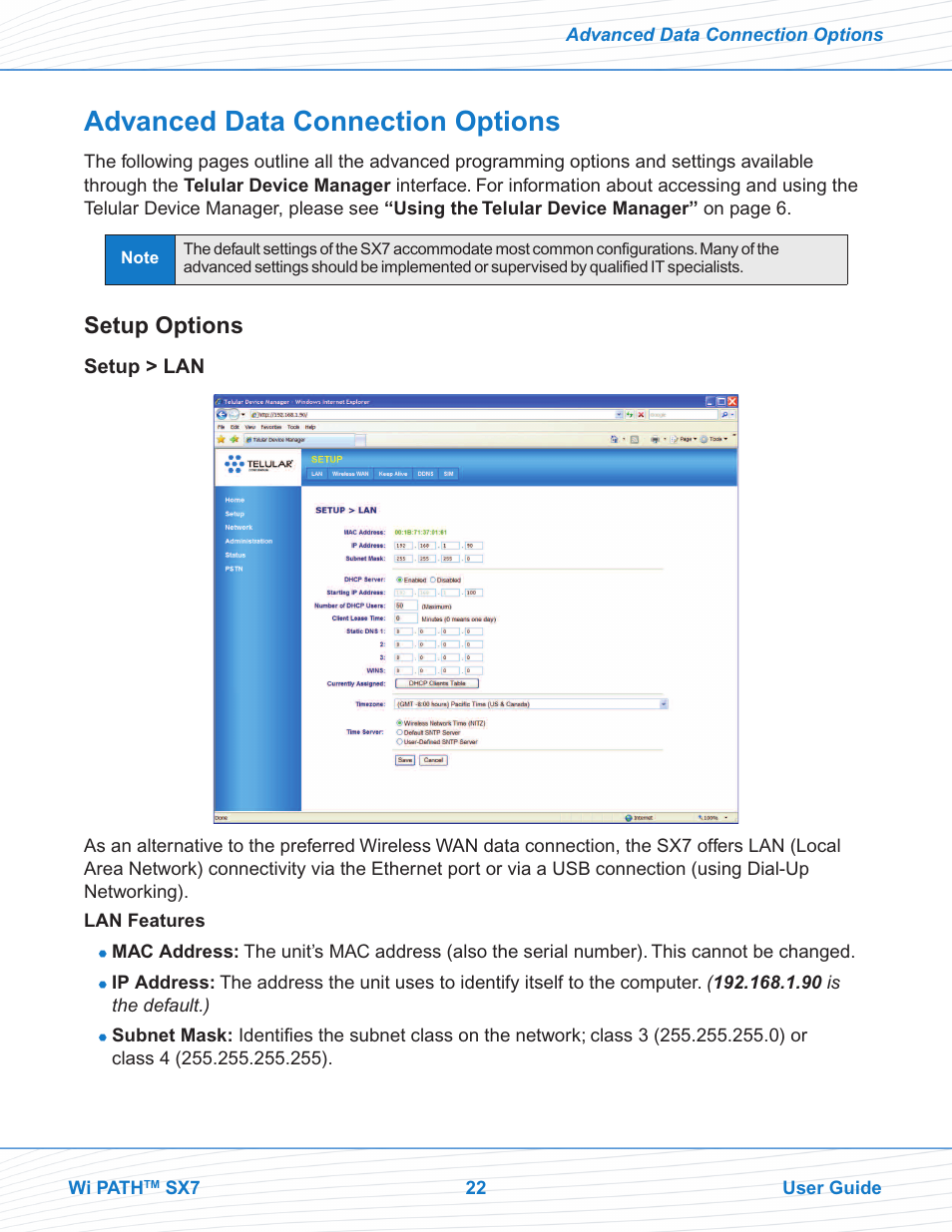 Advanced data connection options, Setup options | Telular SX7M User Manual | Page 24 / 42